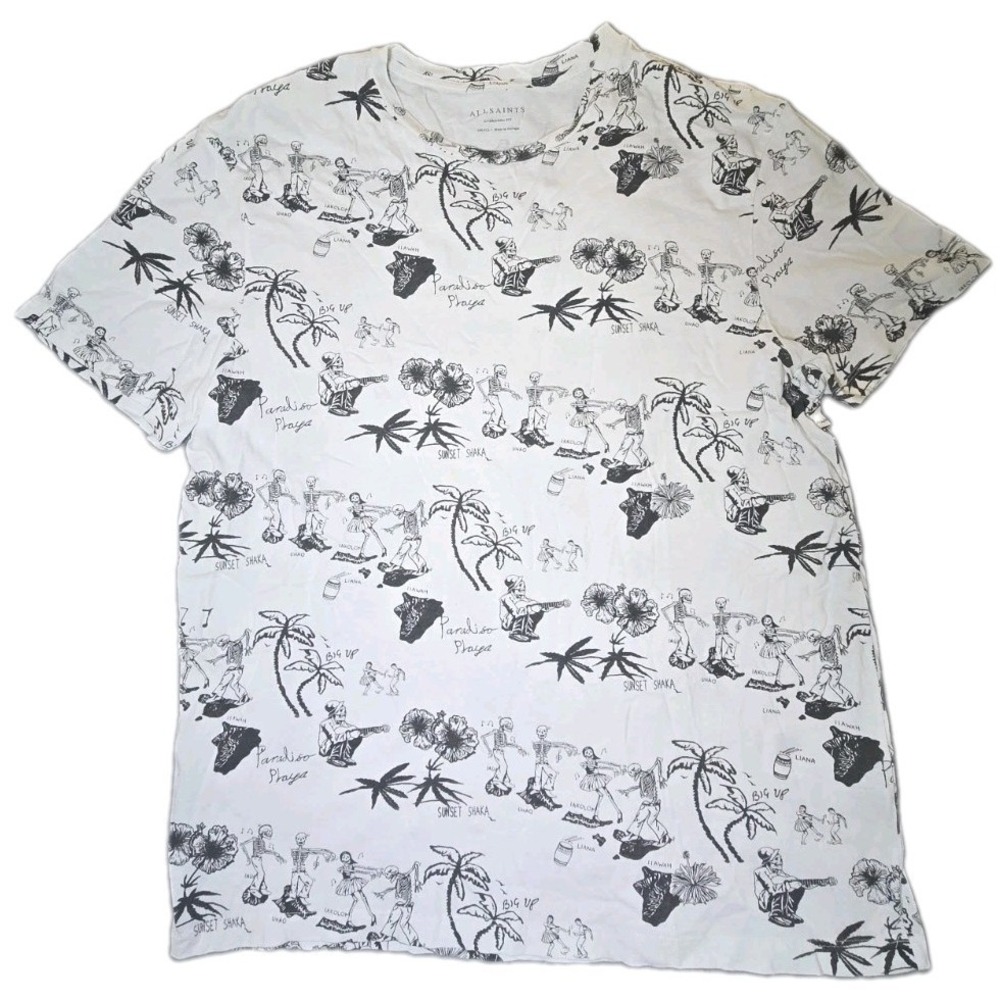 AllSaints Shirt Mens Skeleton Hawaiian Overprint T-Shirt Shaka Paradiso Playa Te